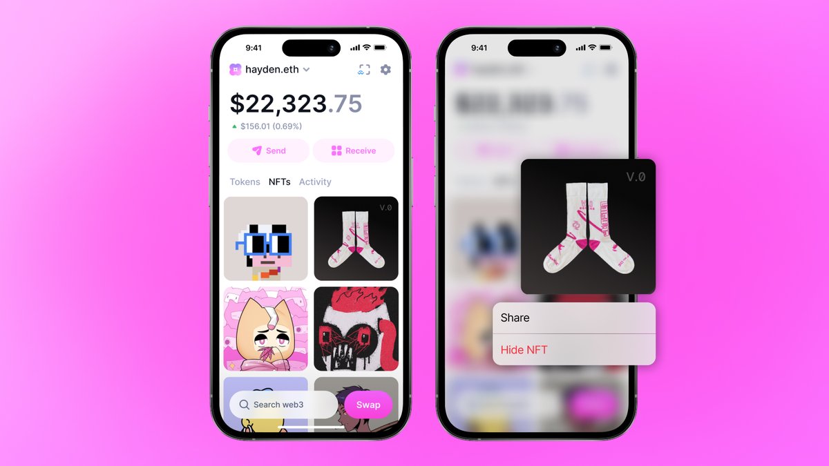 Uniswap's tweet photo. Embarrassed by that NFT you bought at the picotop? Out of sight, out of mind!

Hide NFTs easily in the Uniswap mobile wallet. https://t.co/g7BoxY8V17