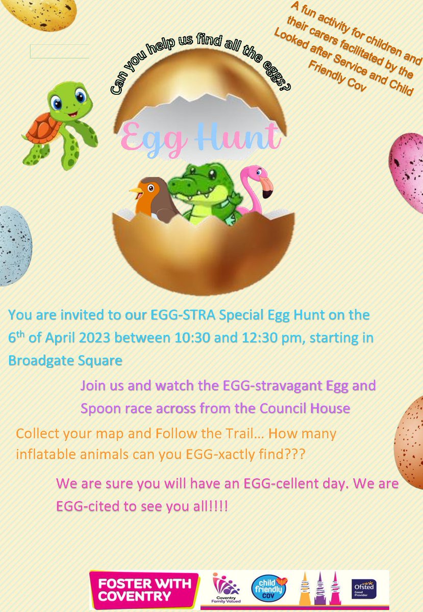 Looked After Children and Permanence Coventry (@laandpermcov) on Twitter photo Join our Egg Hunt! 6th April 2023! @coventryDCS <a href="/helenrenno/">Helen Rennocks</a> <a href="/MattJClayton/">matt clayton 🇺🇦</a> <a href="/ThroughCareCov/">Through Care</a> <a href="/NStirling4/">Natasha Stirling</a> @Foster4Coventry Join our Egg Hunt! 6th April 2023! @coventryDCS <a href="/helenrenno/">Helen Rennocks</a> <a href="/MattJClayton/">matt clayton 🇺🇦</a> <a href="/ThroughCareCov/">Through Care</a> <a href="/NStirling4/">Natasha Stirling</a> @Foster4Coventry