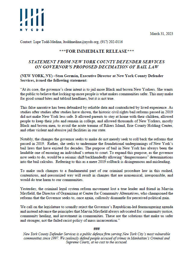 NYCDS calls on the legislature to hold the line and resist racist bail rollbacks.

Read our complete statement on the Gov's attempt to rollback bail in the budget here: nycds.org/statement-from…