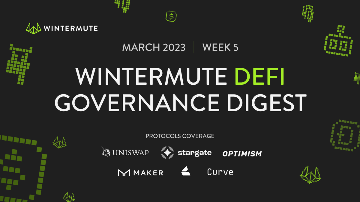 wintermute_t's tweet photo. Welcome back to this week’s edition of Wintermute’s DeFi Governance Digest. 

On the menu today:

▪️ @Uniswap 
▪️ @CurveFinance 
▪️ @lyrafinance 
▪️ @MakerDAO 
▪️ @optimismFND 
▪️ @StargateFinance 

Let’s dive in!  🧵 https://t.co/T3M77SzRpl