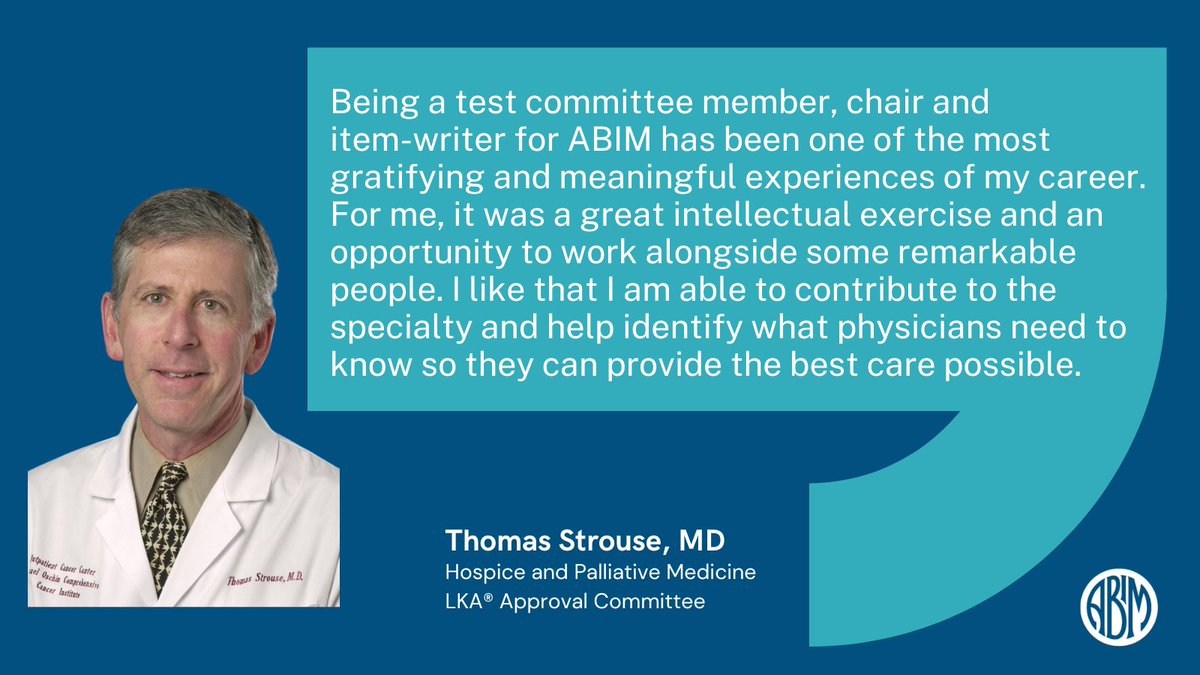ABIMcert's tweet photo. In our #VoicesThatTransform series we speak with Dr. Thomas Strouse who has been involved with our HPM Cert Exam since 2008! Dr. Strouse talks about working with people who suffer chronic pain, research on the use of marijuana in palliative care, & more: https://t.co/yRJm3sbOxa https://t.co/MmfldxX6SF