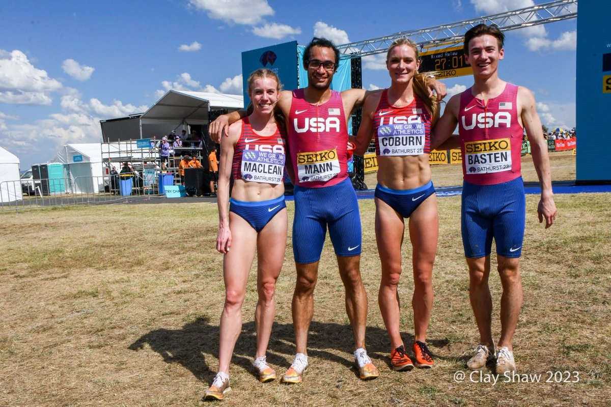 USA mixed relay team in the @WorldAthletics XC championships. First added to 2017 Kampala, then 2019 Aarhus and 2023. Exciting and very fun! 

@emmajcoburn had 2nd leg and took the team 10th to 5th!! #wabathurst23 

@heathair31 
Jordan Mann
@Alec_basten 
📷 @Clay50sub4