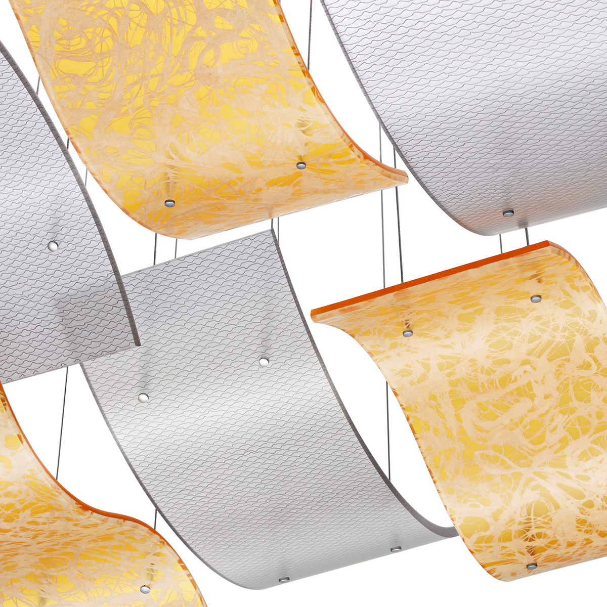 Suspended from the ceiling, Ceiling Arc and Wave solutions add dimension and interest to any interior. These simple, kitted ceiling canopies include all of the necessary hardware and can be hung in almost any orientation or arranged end-to-end to create a continuous rolling wave.