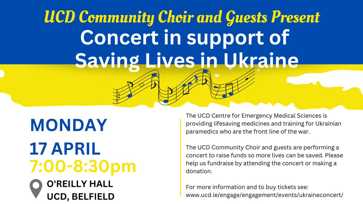 Did you know that UCD is currently saving lives in Ukraine?
The UCD Community Choir and guests are performing a concert to raise funds to send much needed medical support to Ukraine so more lives can be saved.
For more info or to buy tickets please visit: ucd.ie/engage/engagem…
