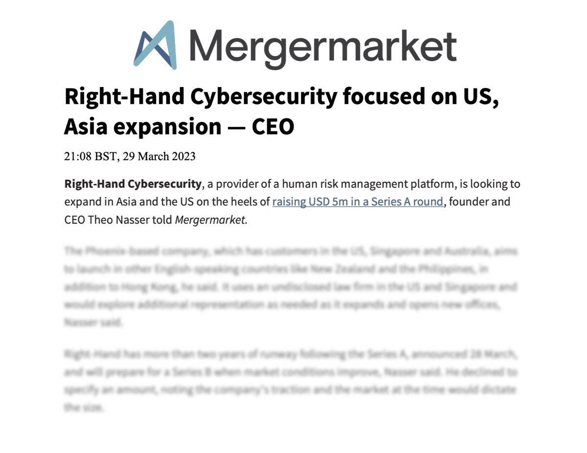 Our CEO Theo Nasser gave an exclusive interview to Mergermarket to discuss our recent #SeriesA announcement, our expansion plans, and our #HumanRiskManagement approach.

The full article is available at hubs.li/Q01JMbxK0
