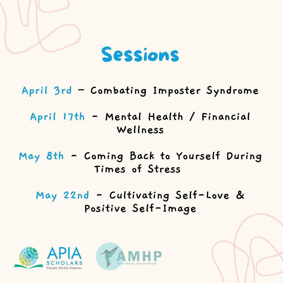 APIA_Scholars's tweet photo. APIA Scholars is partnering with the @asianmhproject to offer Stay-in, Check-in sessions for scholars and alumni that offers free community wellness groups! We'll be hosting ten sessions over the next few months covering a wide array of topics.

Sign up: https://t.co/ZH6ezBmMD1 https://t.co/FWGzBNjEpO
