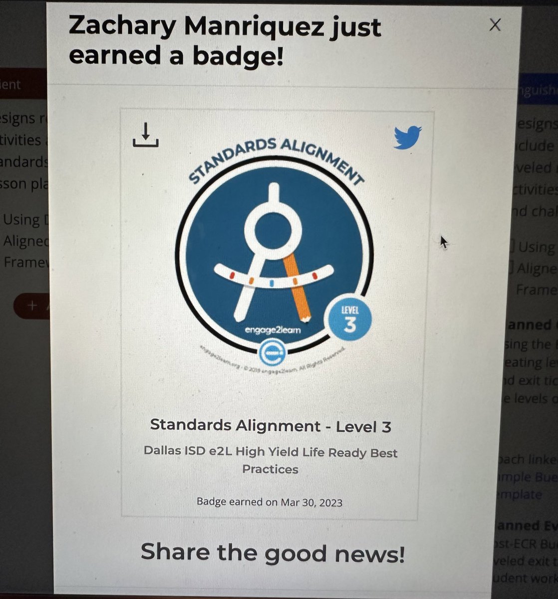 Mr. Manriquez from Walker MS earned TWO badges yesterday for his hard work in integrating Buerk rubrics and creating leveled, engaging activities! WAY TO GO! 🎉 <a href="/LucyElizondo123/">Lucy Elizondo</a> <a href="/dallasschools/">Dallas ISD</a>