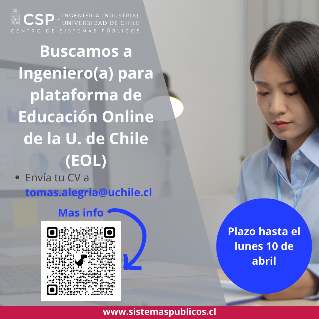 csp_uchile's tweet photo. #HayPega Buscamos a un ingeniero o ingeniera en Computación, Informática o similar, que será responsable del análisis y desarrollo de aplicaciones para las plataformas de gestión del aprendizaje de la Oficina EOL 😀

Postula y/o comparte 👉 https://t.co/WOnoLNLhvN https://t.co/Tkk63sfMsR