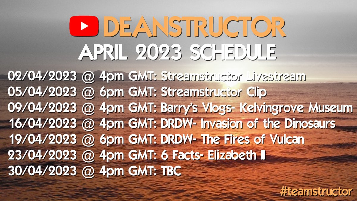 deanstructor's tweet image. Here's the #schedule for April, being a 5 Sunday month you get an extra video this month but the 5th Sunday video is still a mystery. The live stream on Sunday should reveal the answer. 
#teamstructor #deanstructorYouTubechannel