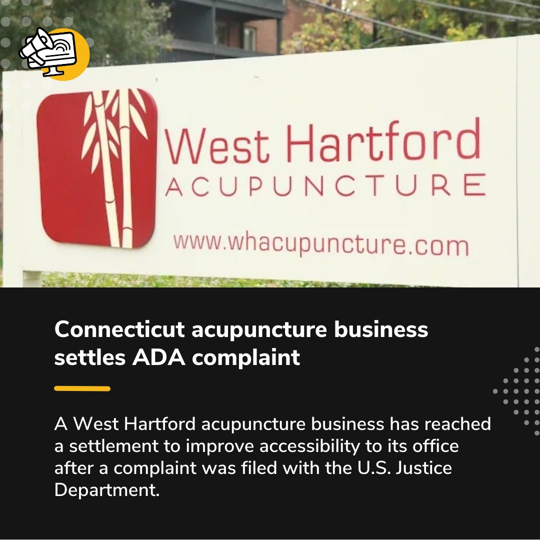abilitymediagrp's tweet photo. A West Hartford, Connecticut acupuncture business has reached a settlement to improve accessibility to its office after a complaint was filed with the U.S. Justice Department. Graphic: West Hartford Acupuncture sign.
Read your #abilityarticle here: https://t.co/bnyvI1VdwY https://t.co/oQFnl7W64S