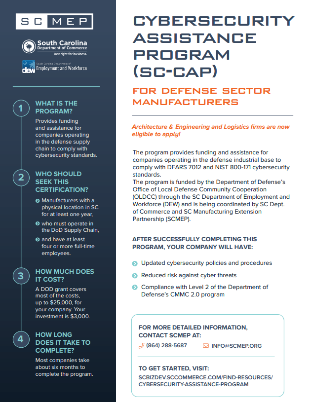 needling_world's tweet image. Does your South Carolina business operate in the Department of Defense supply chain? Apply for the SC-CAP Grant to be in compliance with cybersecurity requirements at little cost to your company!

Learn more and apply today: bit.ly/SC-CAP

#SouthCarolina #SCCAP