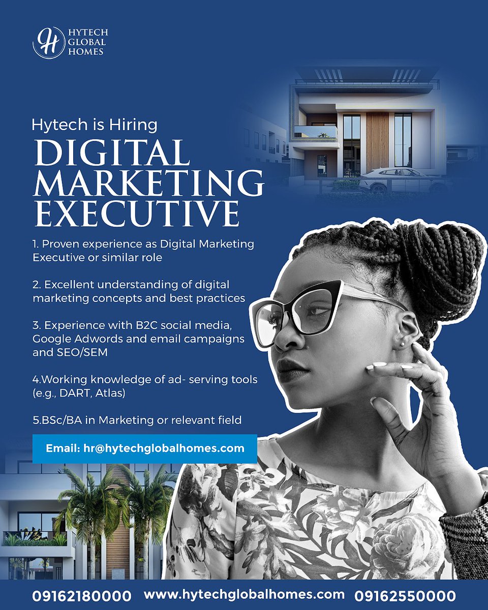 Apply within! 
Send an email to hr@hytechglobalhomes.com
Application deadline: 14th April, 2022

#HytechGlobalHomes #NowHiring #DigitalMarketing #NowRecruiting #JoVacancy #JobVacancyAbuja #abujajobs #abujajobsearch #abujarealestate