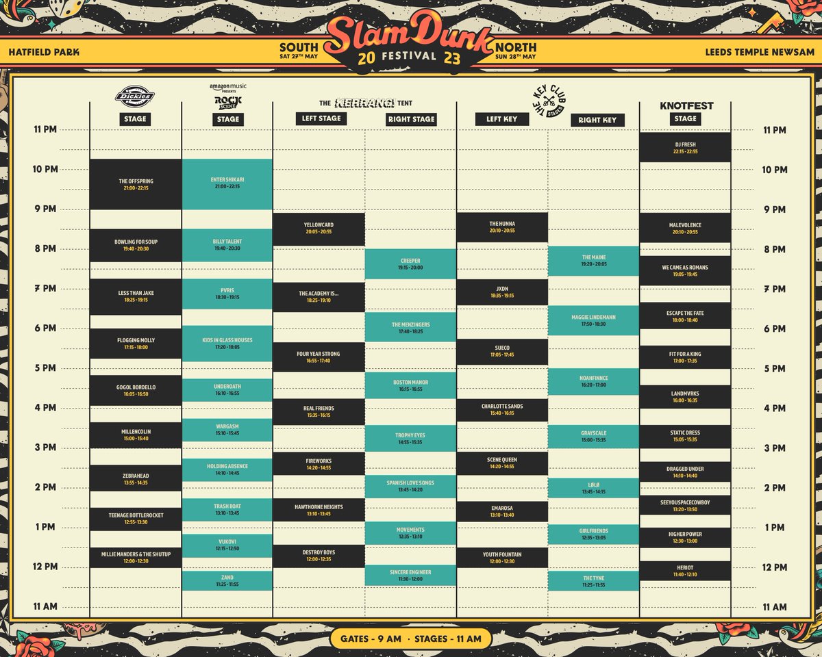 SlamDunkMusic's tweet photo. Here they are, your official #SDF23 times and clashfinder which will be the same for both South and North.

We are proud to announce the @KNOTFEST stage headlined by @MalevolenceRiff and the @KerrangMagazine tent featuring 2 stages headlined by @Yellowcard and @creepercultuk https://t.co/hygY0OFoKc