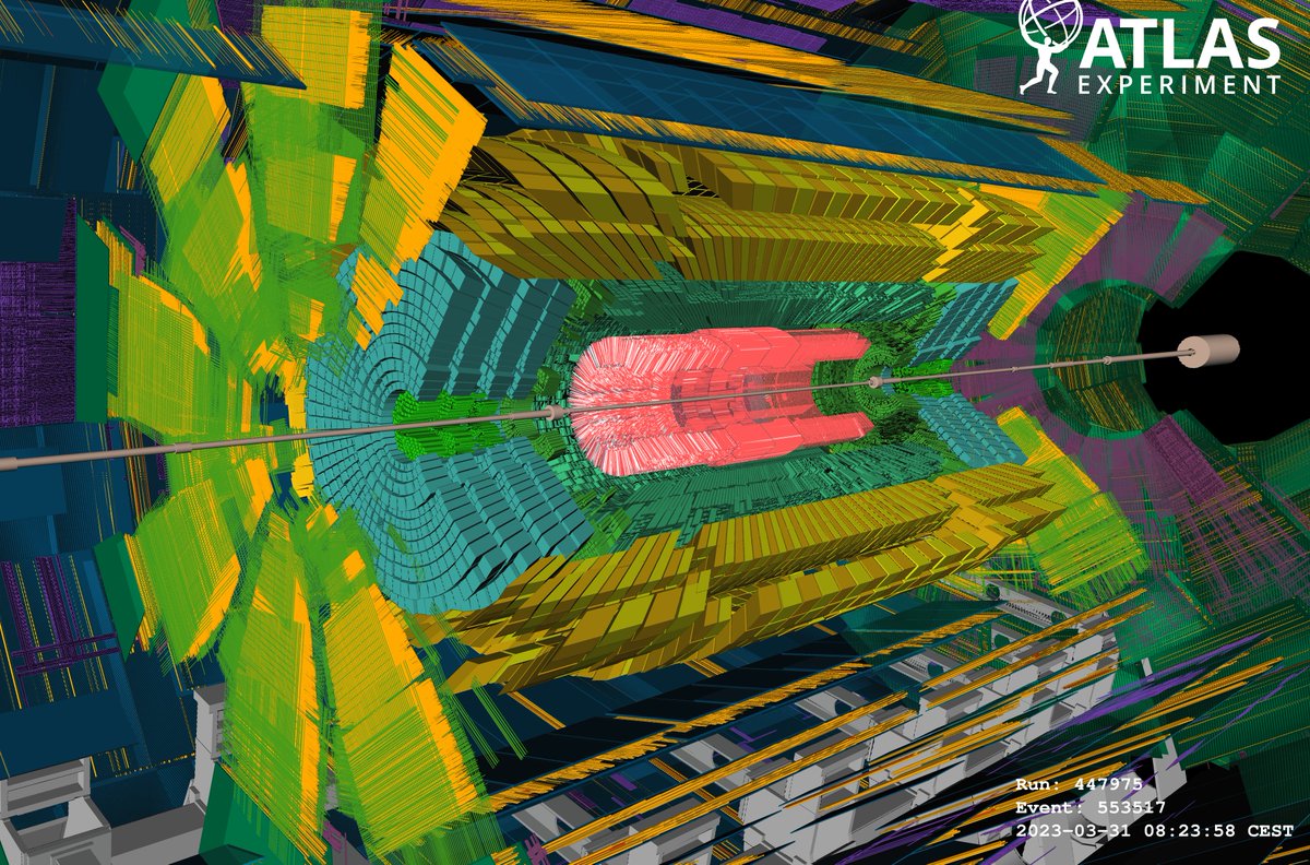 ATLASexperiment's tweet photo. New(s) splash! 🎆 

This morning, beams of protons from the #LHC splashed inside the ATLAS experiment at @CERN. Physicists use these splashes to test ATLAS sub-detectors and to synchronise them with the LHC clock – getting the experiment ready for #LHCRun3. https://t.co/DypGDv50Ik