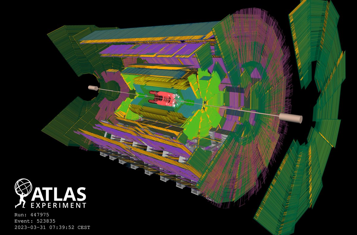 ATLASexperiment's tweet photo. New(s) splash! 🎆 

This morning, beams of protons from the #LHC splashed inside the ATLAS experiment at @CERN. Physicists use these splashes to test ATLAS sub-detectors and to synchronise them with the LHC clock – getting the experiment ready for #LHCRun3. https://t.co/DypGDv50Ik