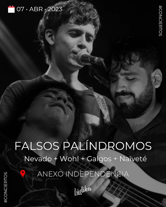 #Conciertos 
#FalsosPalindromos y <a href="/naiveteband/">Naïveté</a> se van de gira y llegan a Guadalajara el próximo viernes 7
Los acompaña un cartelazo que incluye a #Galgos <a href="/WohlBand/">Wohl</a> y <a href="/nevadomx/">Nevado</a>

📌 Anexo <a href="/foindependencia/">Foro Independencia</a>
🎟️ $100 vía <a href="/wegowmx/">Wegow México</a>
📷 @zali_concerts