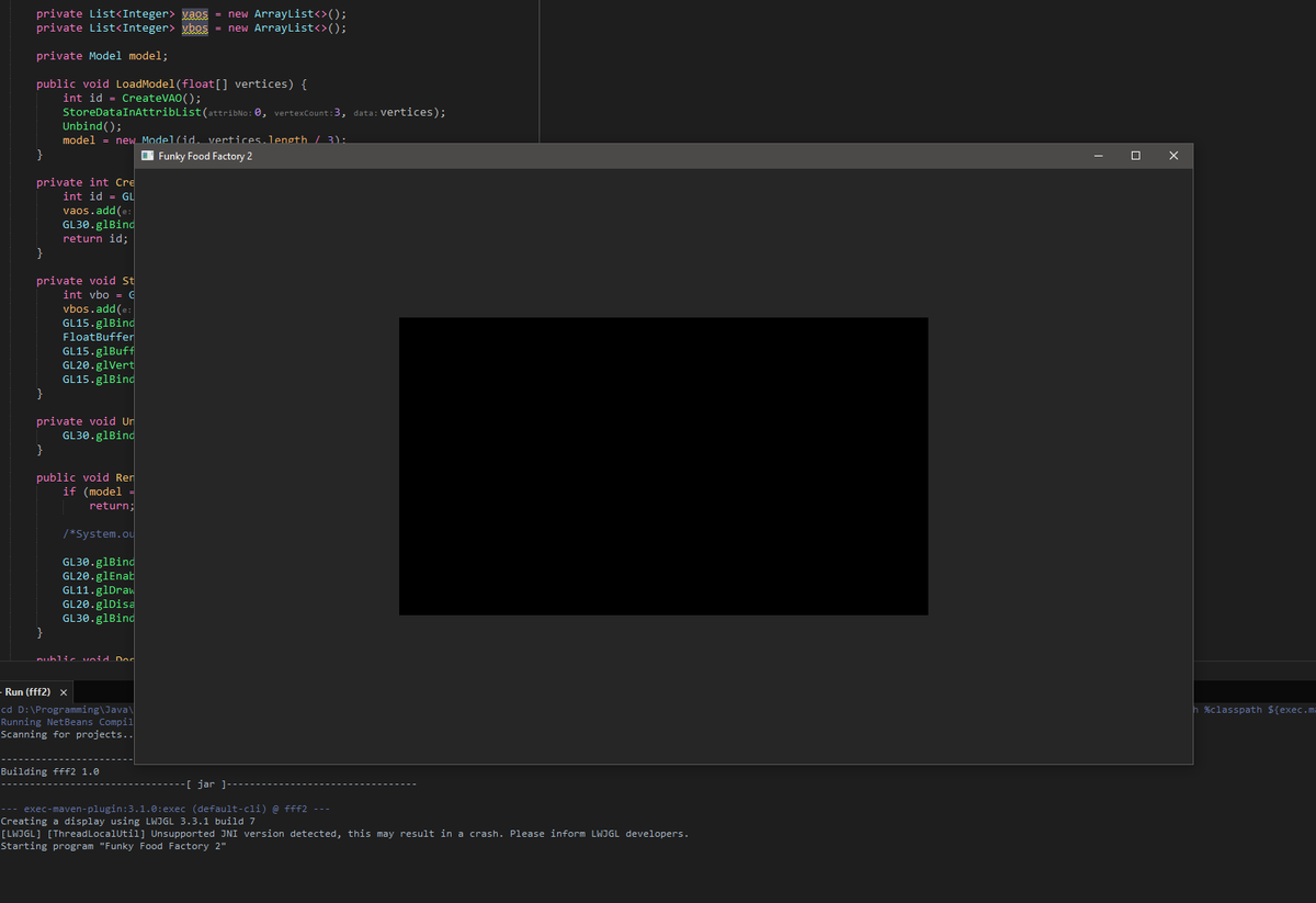 ProzillaDev's tweet photo. This is what I have managed to accomplish in 4 days: Rendering a mesh that consists of 2 black triangles. The progress is slow but I am learning so much about #SoftwareEngineering and it has been a super fun project so far. https://t.co/eRB9v0q985