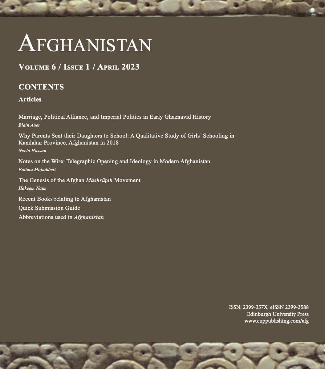 AFG_Journal's tweet image. Coming in April ... new research on Afghanistan featuring articles on the Ghaznavids, girls' education, telegraphy and ideology, and the birth of the constitutional movement.
euppublishing.com/afg