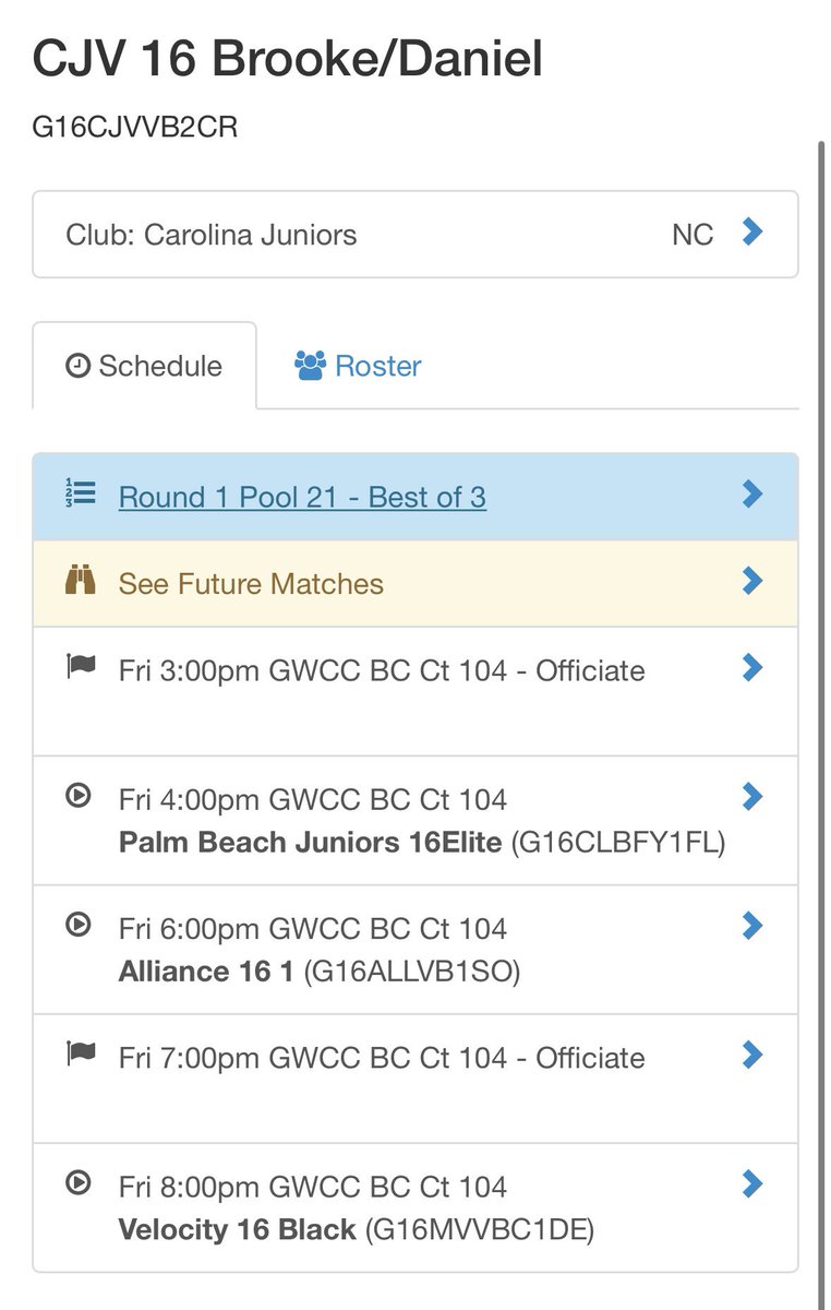 BigSouth Day 1 Schedule!! 
Kadence Dalton 2025 #7 LIB/DS
CJV 16 Brooke/Dan