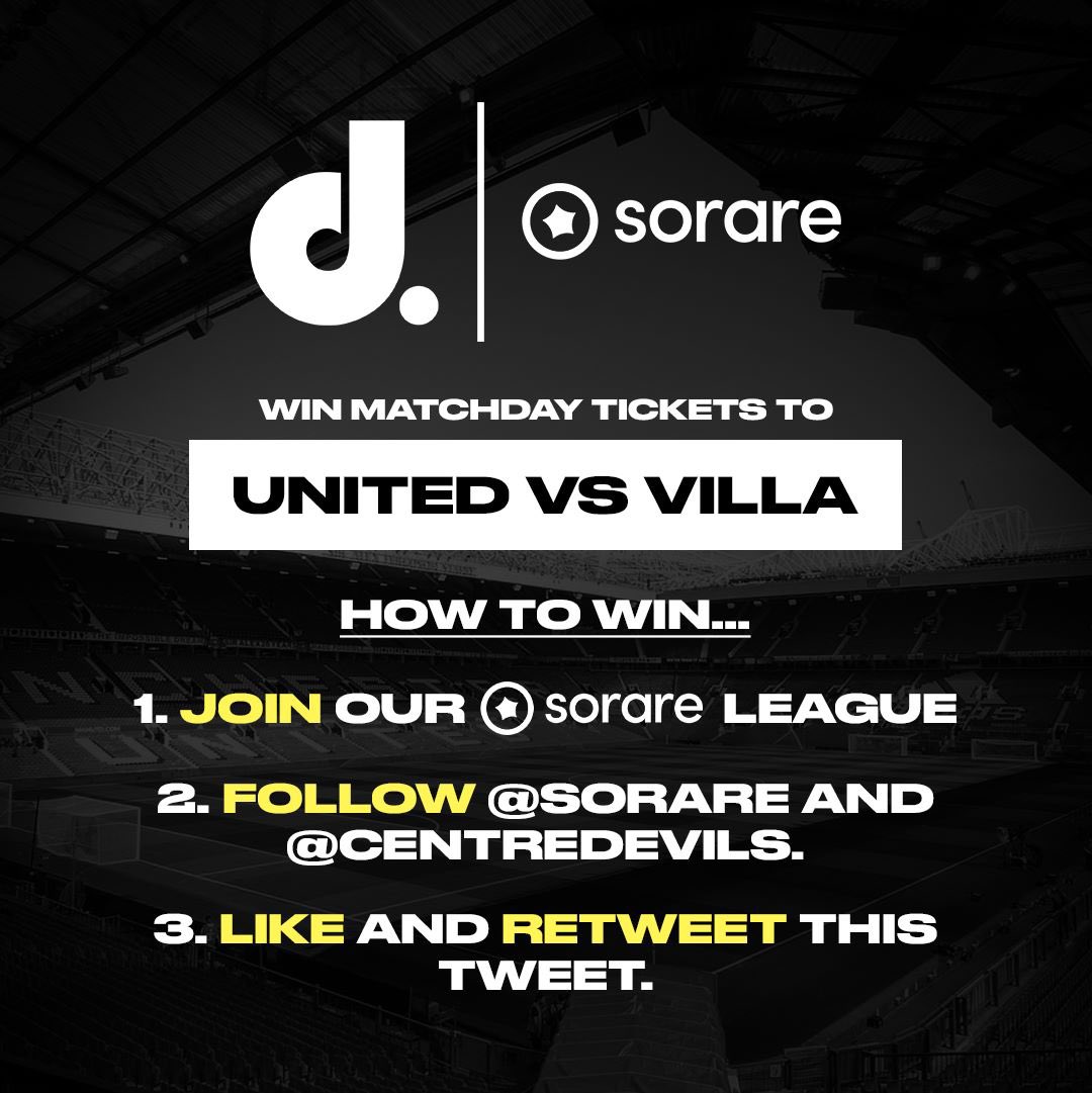 🚨 𝗚𝗜𝗩𝗘𝗔𝗪𝗔𝗬 🚨

Win 2 tickets to Old Trafford for the #mufc vs Aston Villa game on 30th April! 🤩🎟️

Rules to enter:

→ Join our #Sorare league: sorare.pxf.io/centredevils

→ Follow <a href="/Sorare/">Sorare</a> &amp; <a href="/centredevils/">centredevils.</a>

→ Like &amp; RT this tweet.

Winner announced 20th April 🙌❤️