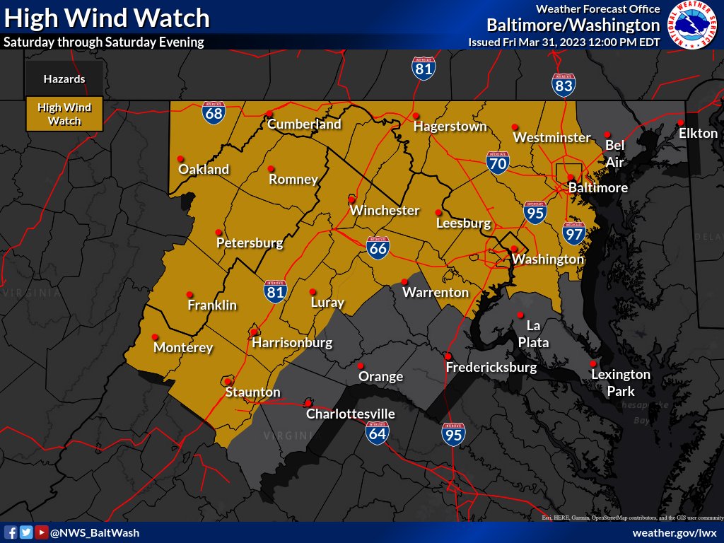 The High Wind Watch has been expanded farther east to include the Baltimore and Washington metro areas and north central MD for increased potential for damaging winds Saturday through Saturday evening. #DCwx #MDwx #VAwx #WVwx