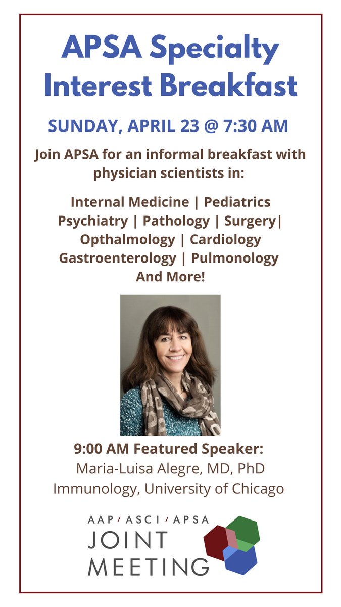 What specialty are you interested in? Chat with physician scientists at the Specialty Interest Breakfast on Sunday, April 23 @ 7:30 AM at the @JointMeeting. Our featured talk from Dr. Maria-Luisa Alegre from @UChicagoImmuno  starts at 9:00 AM. #JointMeeting2023 #DoubleDocs