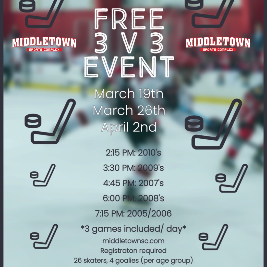 March 31st weekend events at the MSC. Titans host Generals to close out ’22-’23 home schedule. Saturday night the Titans fight cancer for Skylar Adinolfi and skate night with them after the game.  There’s public skating and a FREE 3 on 3 hockey tournament. middletownsc.com