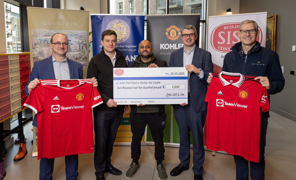 This week we were thrilled to celebrate @JohnSiskandSon donating £1,200 to local food bank and community organisation @sufranwlondon! The money was raised through a silent auction, facilitated by Quintain, for two signed @ManUtd shirts generously donated by @studiokohler