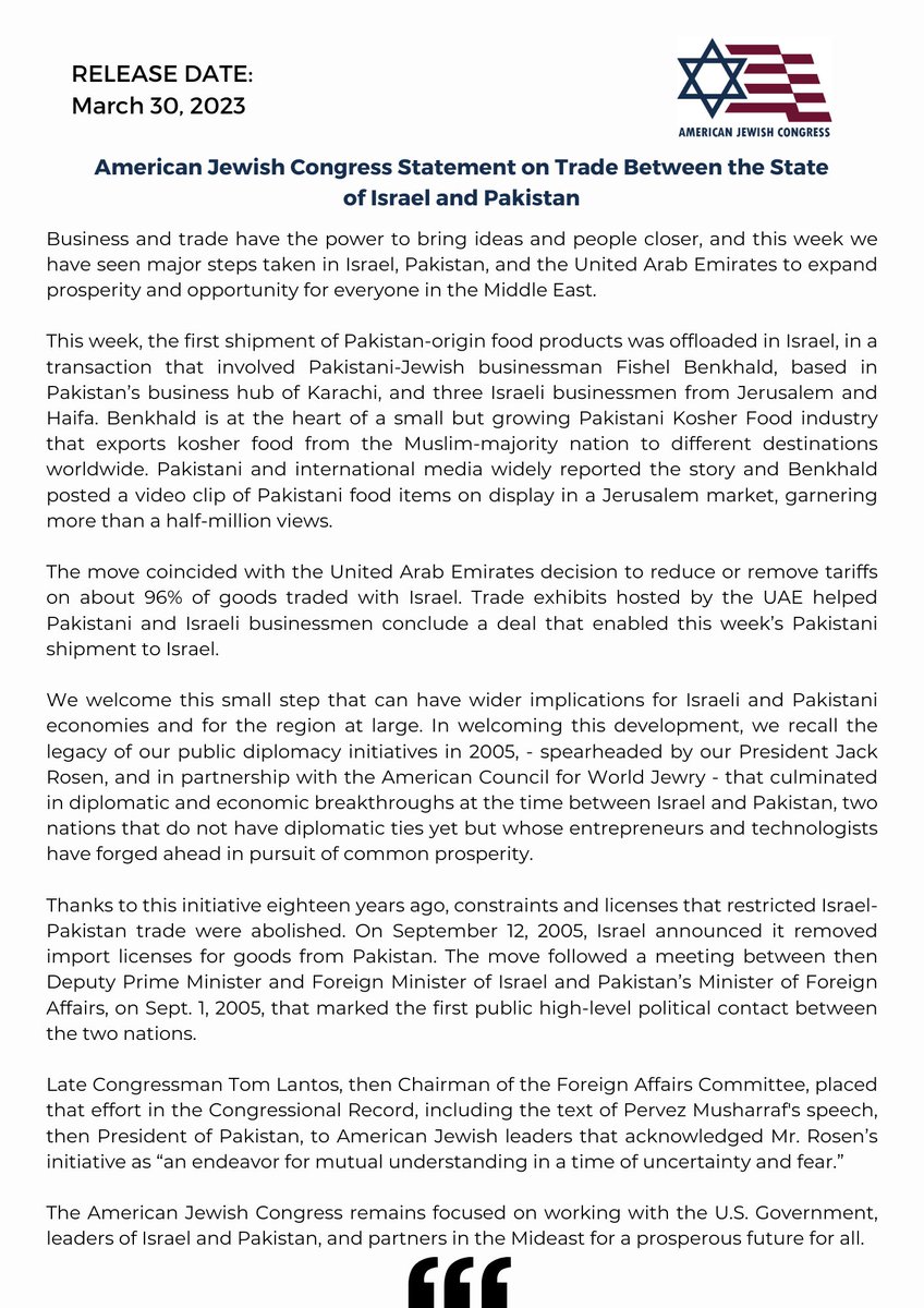 AJCongress's tweet image. American Jewish Congress Statement on Trade Between the State of #Israel and #Pakistan.

Link: ajcongress.org/statements/pre…

#AmericanJewishCongress #AbrahamAccords #UAE @JackRosenNYC
