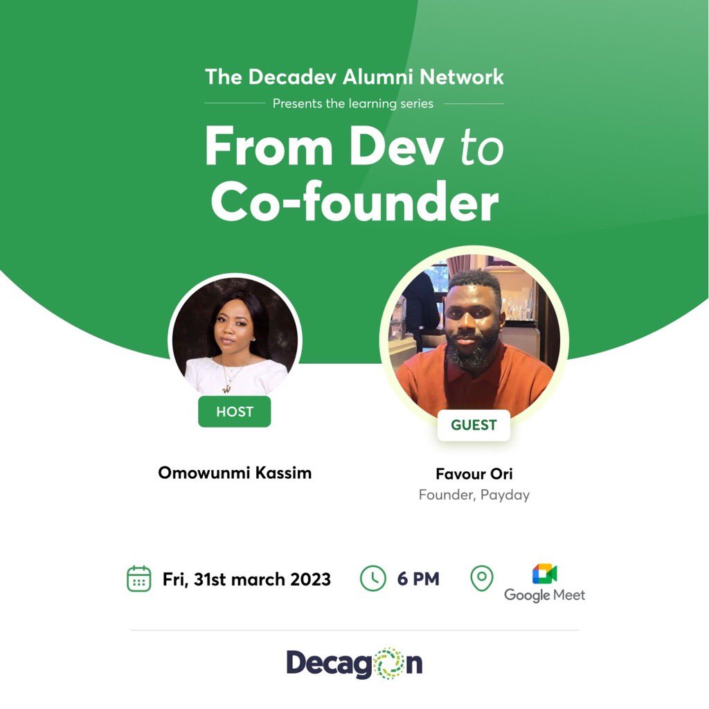 ChikaNwobi's tweet photo. What do Gates, Zuck, Shola and @Opeawo have in common?
Started as devs, "blew" as founders.
In 10 yrs, 3 DecaDevs should be in WORLD's Top-10 co-founders. Starts by listening to folks like @favourori_ . Excited about our new Dev to Founder series. @decagonins #DecaDevs https://t.co/H3eqV5ljvw