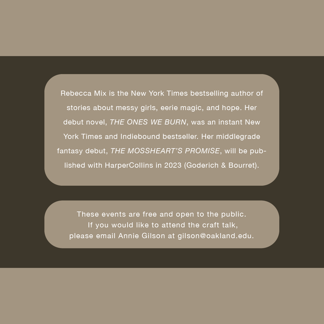 Next week, New York Times bestselling author & OU alum Rebecca Mix returns to campus for a reading from her novel, THE ONES WE BURN. We hope to see you all there! #thisisou