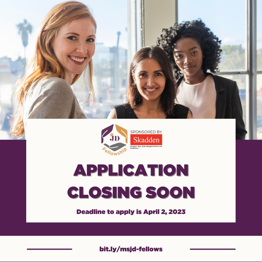 msjdorg's tweet image. Attention rising #3Ls! You have an assignment to complete 📝 

Sun. April 2, 2023, at 11:59 pm PT, is the final submission deadline for your application to the 2023-2024 Ms. JD Fellowship program. Start the process: buff.ly/3Ps4VYn 
#lawstudent #lawschool #msjdfellows
