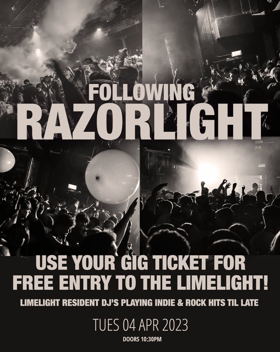 𝗪𝗜𝗡 𝗧𝗜𝗖𝗞𝗘𝗧𝗦 𝗙𝗢𝗥 𝗥𝗔𝗭𝗢𝗥𝗟𝗜𝗚𝗛𝗧 🔥 We're giving away a pair of tix to Razorlight this Tues!

For a chance to win: Retweet &amp; Tag 🔁

Following Razorlight at The Telegraph Building join us at The Limelight for Rock &amp; Indie hits from resident DJ. Admission is FREE.
