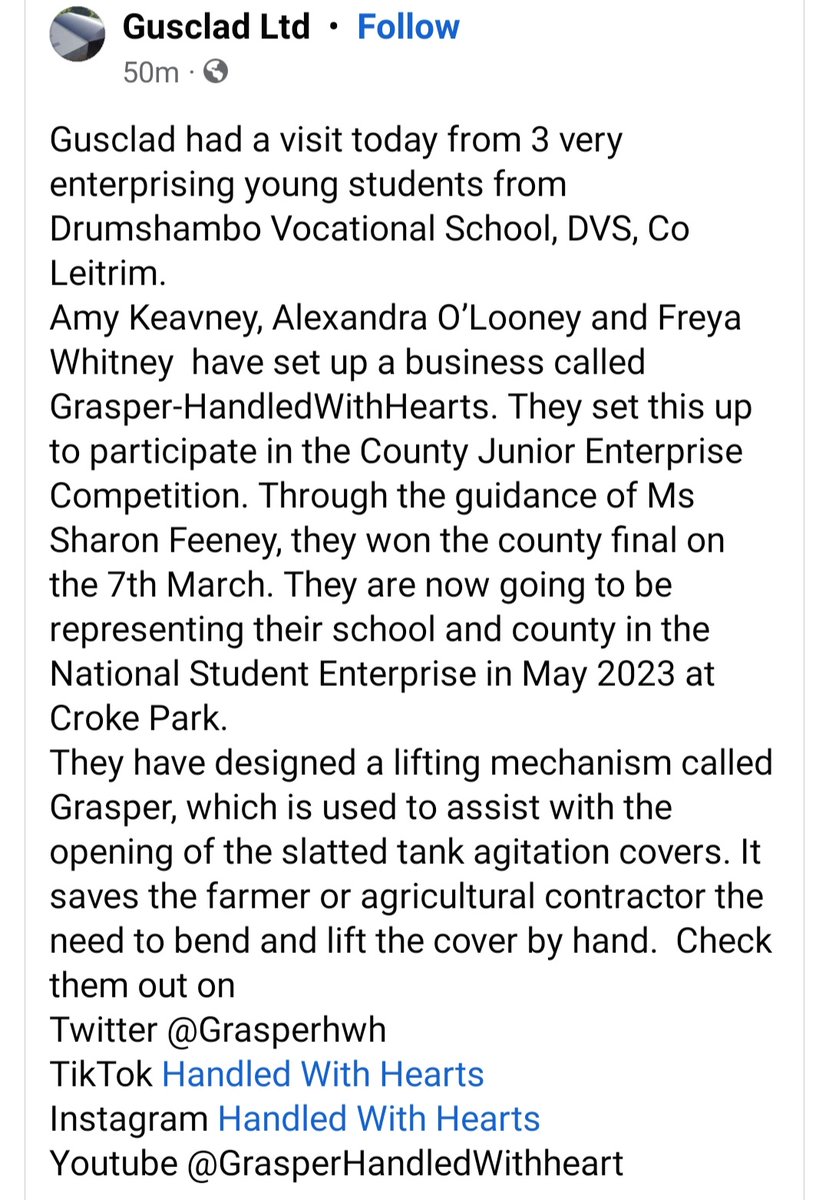 annamariehome's tweet photo. Thank you to @gusclad for facilitating Amy,Freya &amp; Alex's site visit today @grasperhwh The girls will be representing junior category for @DrumshanboVS at the @StudentEntProg National Finals in Croke Park on May 5th @LEOLeitrim #studententerprise #handledwithhearts 
#farmsafety https://t.co/dDtD3U2Mxl