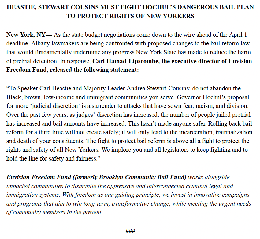 EnvFreeFund's tweet photo. "The fight to protect bail reform is above all a fight to protect the rights and safety of all New Yorkers." - @carlken 

The New York Legislature must stand strong against Governor Hochul's bail changes that will jail even more Black, brown &amp; low-income NYers. https://t.co/2IzDasdAzN