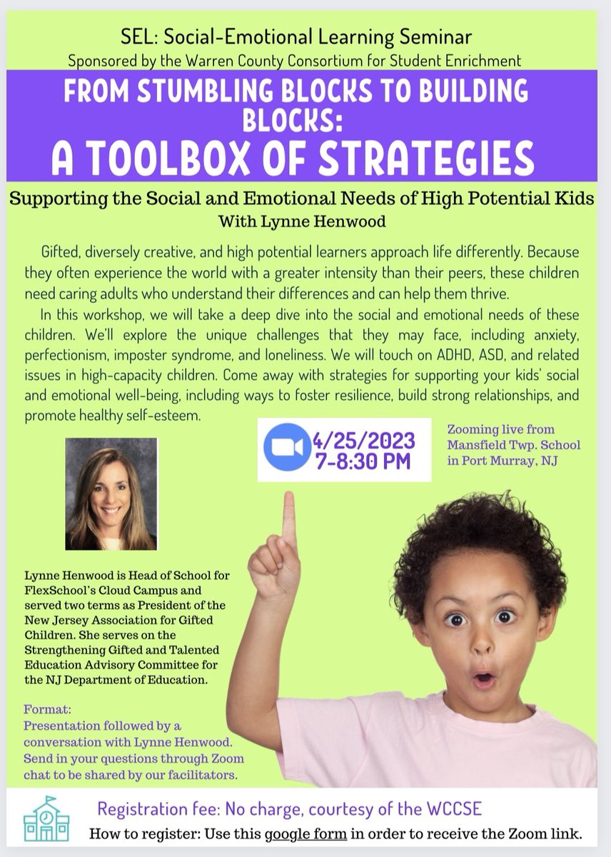 #SEL #gifted #njagc #nagc 
Gifted, diversely creative, and high potential learners approach life with a greater intensity than their peers! Join us at this FREE WEBINAR for strategies to support your kids’ social/emotional well-being!

Register at  tinyurl.com/register4TOOLB…