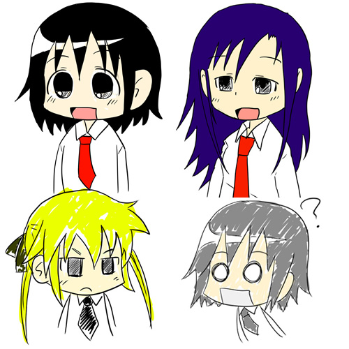 oribe yasuna ,sonya (kill me baby) multiple girls blonde hair necktie short hair twintails school uniform long hair  illustration images