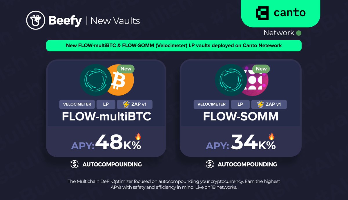 beefyfinance's tweet photo. Take a look at that APY. Is that degen feeling flowing through your veins?
🟩 $FLOW - #multiBTC: 48,000% APY
🟩 $FLOW - SOMM: 34,000%
https://t.co/Ux6TDoDp1P
@CantoPublic @VelocimeterDEX @MultichainOrg @sommfinance $BTC #bitcoin https://t.co/zhAORAWWjZ