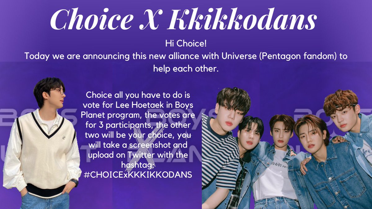 CHOICELatam's tweet photo. 📢ANNUNCIO📢
#CHOICE #초이스 We are here to announce you this alliance with Universe, we will join to help with votes for Lee Hoetaek, and Universe will help us with stream on Savage, Under cover and Favorite boys MVs.

《@official_ACE7 ♤ #ACE ♤ #에이》
#CHOICExKKIKKODANS https://t.co/LATrhir3W4