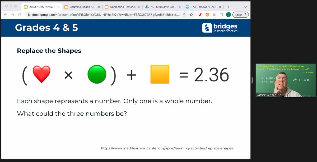 TheErickLee's tweet photo. Thanks @pvennebush for a great Exhibitor Workshop "Using Rich Tasks to Promote Greater Student Engagement" this afternoon at #NCTMVC23 #NCTMVirtual. @NCTM https://t.co/BafLgTdjRq