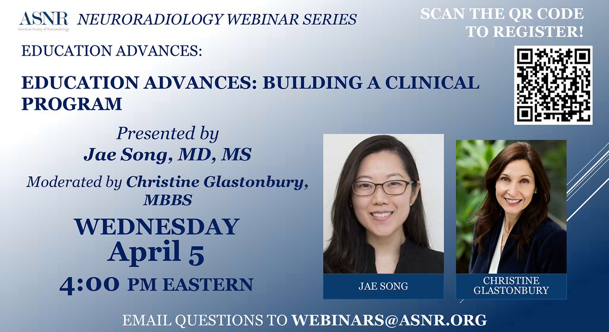 TheASNR's tweet photo. Join us next Wednesday, April 5, at 4:00 pm EDT for #ASNR's next free webinar: Education Advances: Building a Clinical Program. Get the details &amp; register now: https://t.co/PmmLdpToYL
#Neurorad #MedEd #RadTwitter

@jsongmd @CMGlastonbury https://t.co/9rEEbuDqEN