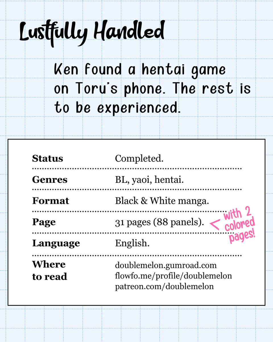 doublemelontoon's tweet photo. Now the manga is completed! 🎉

You can get it here: https://t.co/mGn7k3Cqhx

#mangaart #manga #hentaicomics #yaoimanga #indiecomics #indieartist https://t.co/FBZnIvjsOY