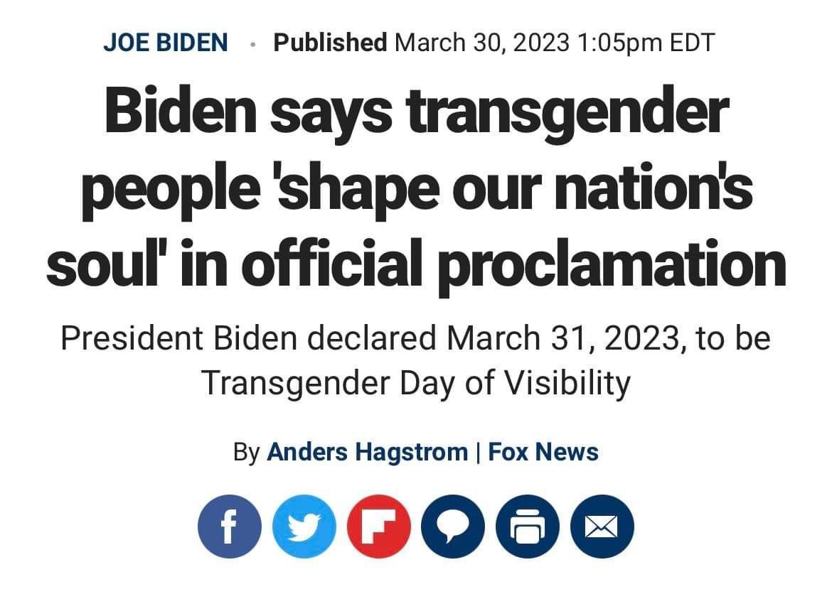 The most insane comment yet from dementia Joe’s globalist puppet masters. Hate me, I don’t care, but transgenders are nothing but another group with mental illness