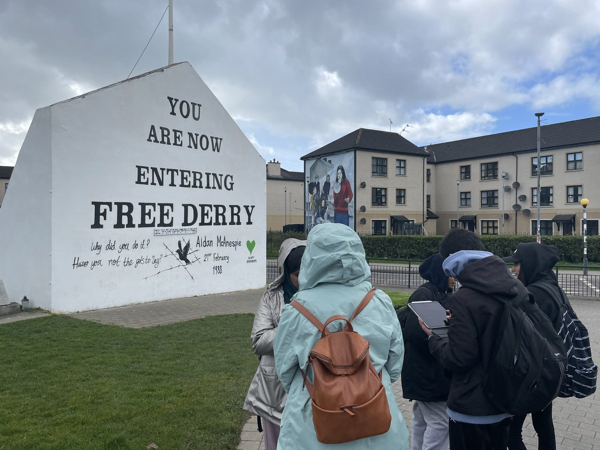LangleyGSGeog's tweet photo. Day 4: exploring cultural tensions in Londonderry, students taking advantage of the freedom to design their own investigation questions, qualitative fieldwork- followed up by extensive discussion and debate in the evening https://t.co/TzEKmj9le6