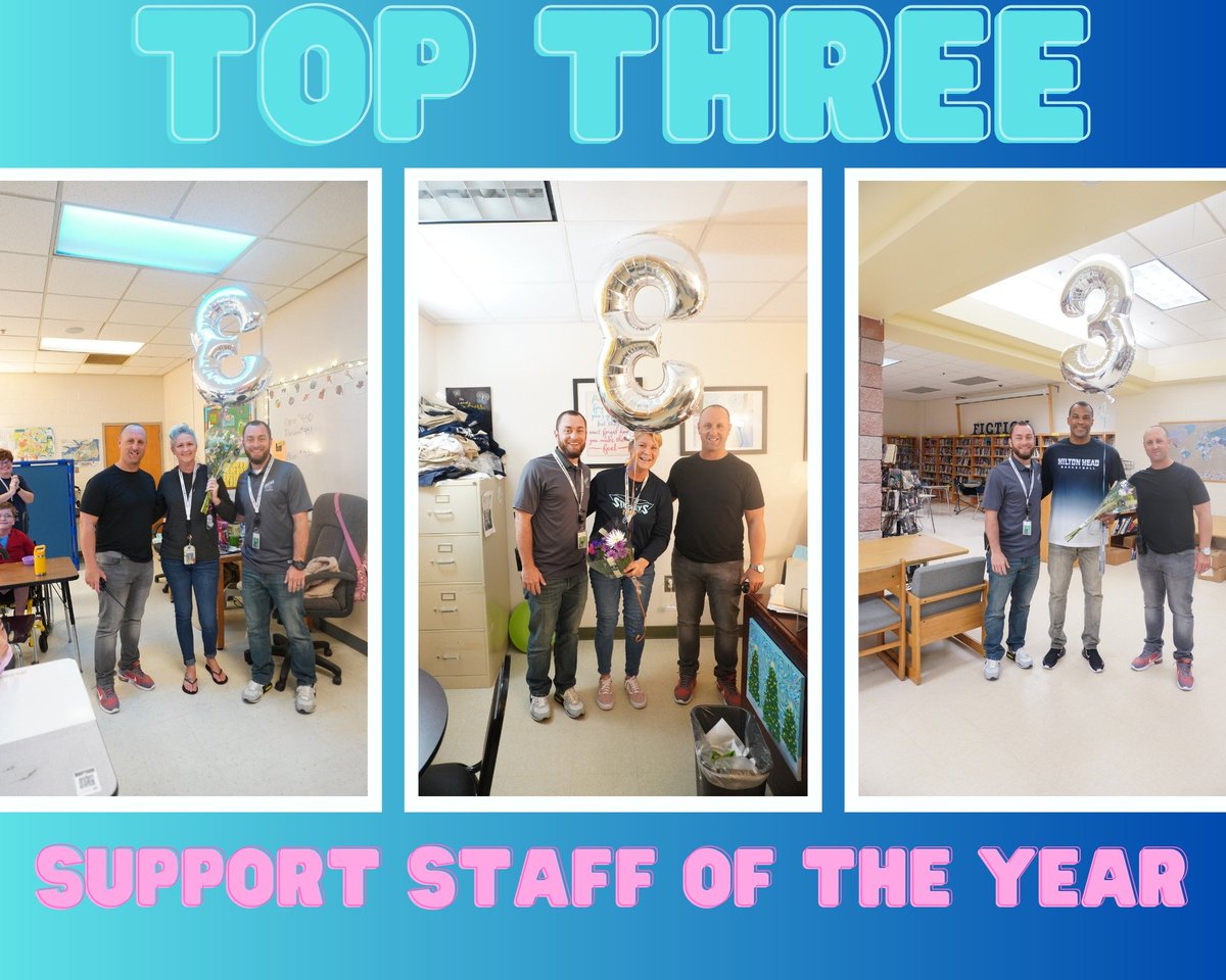 Please join us in congratulating our Top 3 finalists for Support Staff of the Year (from left to right): Sarah Vinopal (para-pro for our Special Education department), Nancy Blake (social worker), and Ron Lewis (athletic director). We are so grateful to have such amazing staff!