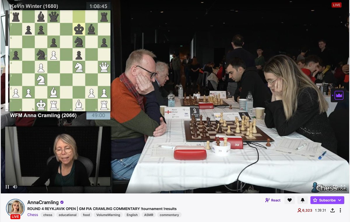 Watching Maestro <a href="/kevinwinter59/">kevin winter</a> on Twitch playing against <a href="/AnnaCramling/">Anna Cramling</a> in the Reykjavik Open in Iceland  #chess