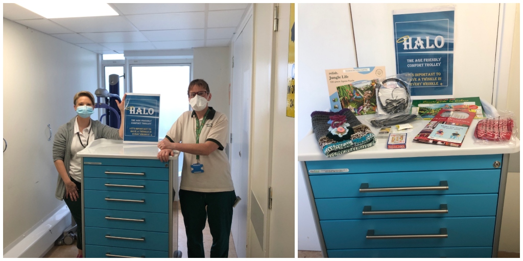 HSE_West_NWest's tweet photo. Therapists from #GUH Frailty at the Front Door team launching their 'Older Persons Comfort Cart' service in the ED. The cart consists of items aimed at improving patient comfort and communication such as hearing devices, hearing aid batteries, glasses, ear plugs, radio etc. https://t.co/Mf5TWzNi3e