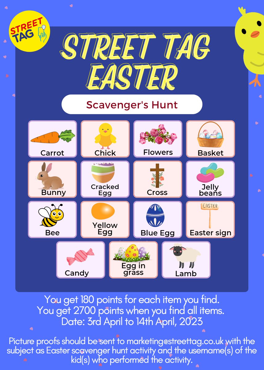 Are you looking for an engaging outdoor activity for your kids? 

Look no further! Join our Easter Scavenger Hunt from 3rd to 14th April and earn points by finding 15 Easter-themed items. 

Go here for more details: streettag.co.uk/blog/easteract…

#EasterScavengerHunt #FamilyFun