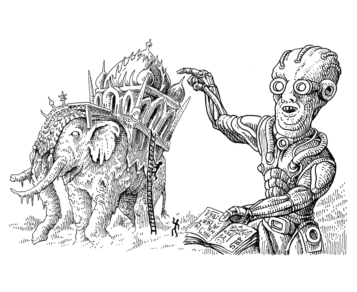 Check out Stefan Poag's incredible artwork for Singing Flame's upcoming book ‘Strange Doom’. Feast your eyes on a cybernetic cleric, leading a cult temple atop an undead elephant, wandering the land to spread their perverse beliefs! #fantasyart #osrart