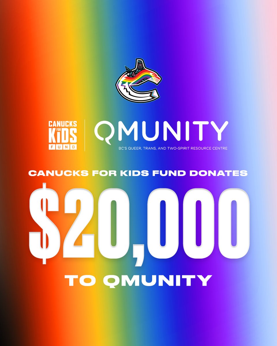 Canucksforkids's tweet photo. In honour of our 2023 Pride Night, we are thrilled to support @QMUNITY with a $20,000 donation towards their youth programming. 

QMUNITY is a local non-profit organization that supports 2SLGBTQIA+ people and their allies in our community. 🌈 https://t.co/oEoVzFu4FX
